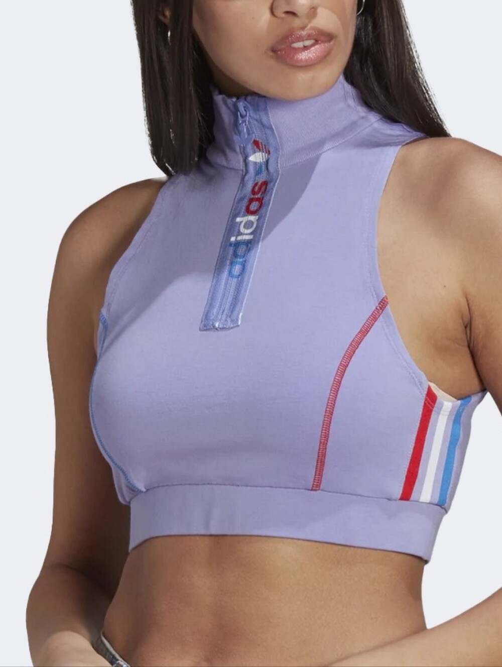 adidas Lavender High-Neck Zip Sports Bra with Red & Blue Trim